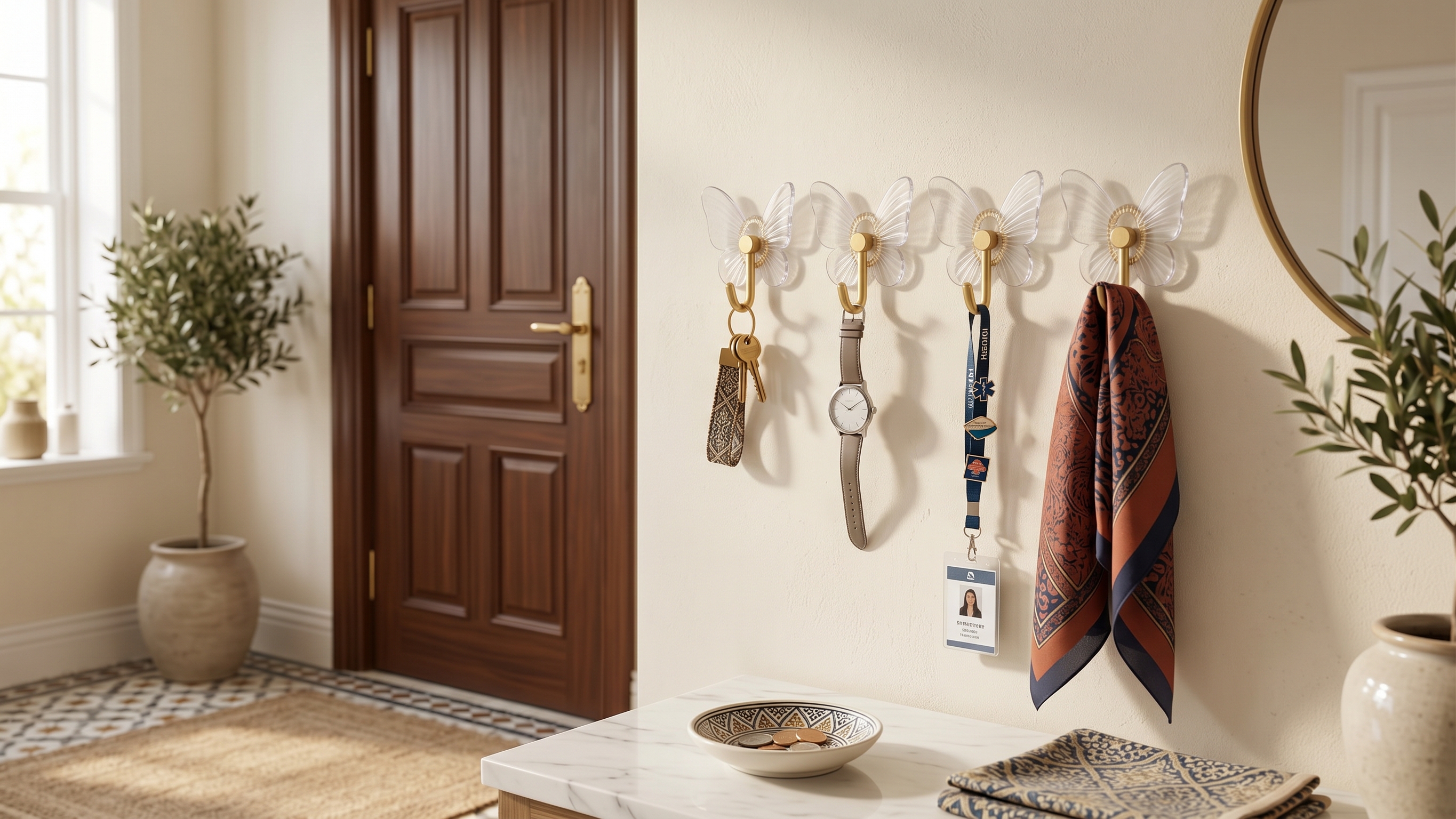 Crochets papillon dans une entrée avec clés, montre et foulard