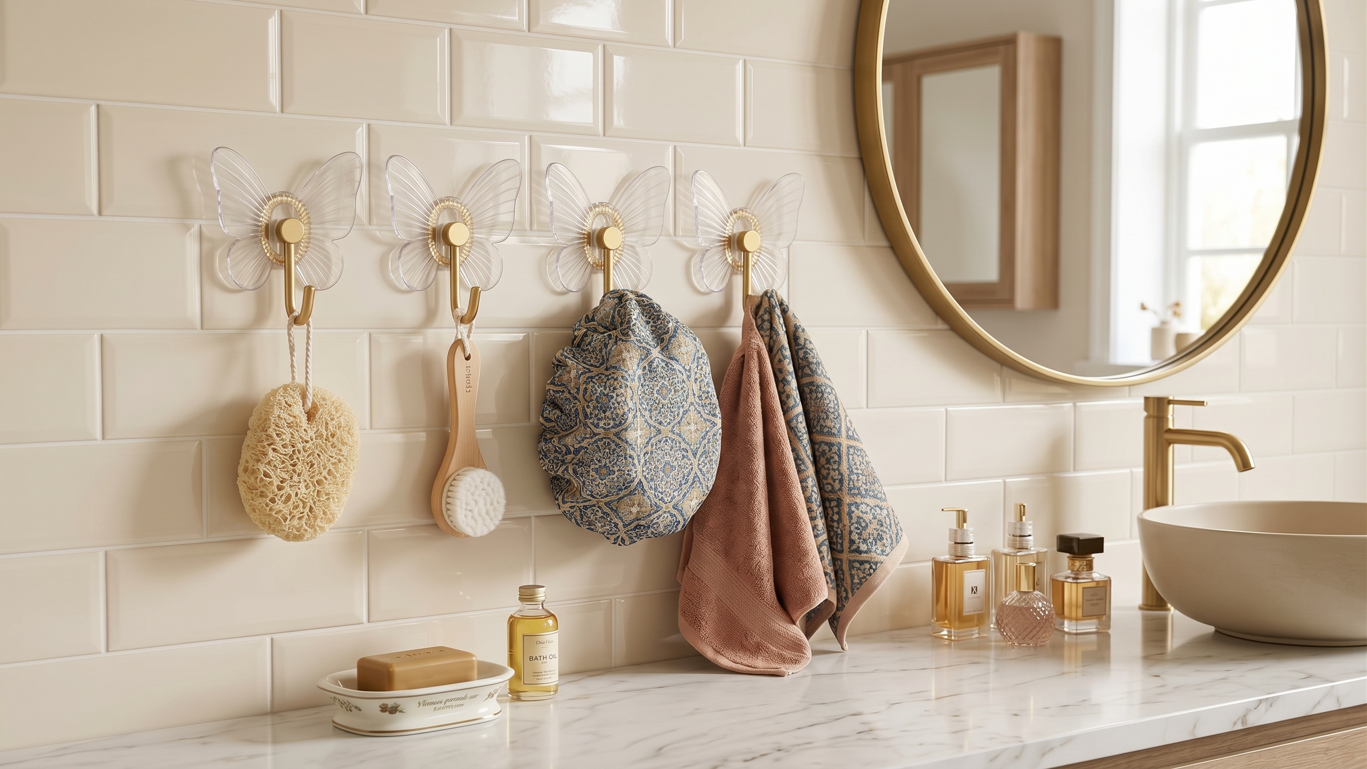 Crochets papillon sur carrelage de salle de bain avec serviettes